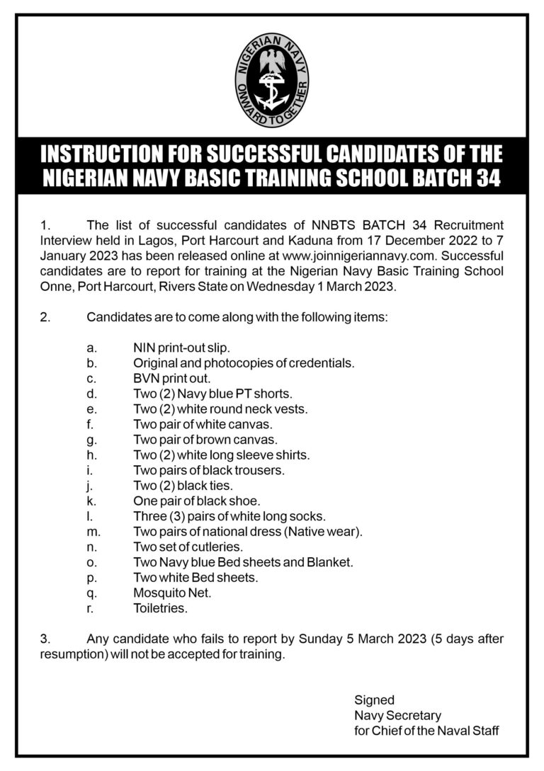 See Instruction For Successful Candidates Of The Nigerian Navy Basic Training School Batch 34