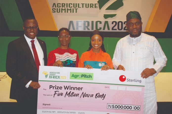 L-R: Group Head, Agric Finance and Solid Minerals, Sterling Bank Plc, Dr. Olushola Obikanye; Executive Director, Technical Services, Leadway Assurance, Adetola Adegbayi; Winner of ASA 2023 AgroPitch, Green Republic Farms Limited, Baliqees Salaudeen and Commissioner of Agric and Natural Resources, Plateau state, Samson Bugama, at the Agriculture Summit Africa 2023, in Lagos recently.