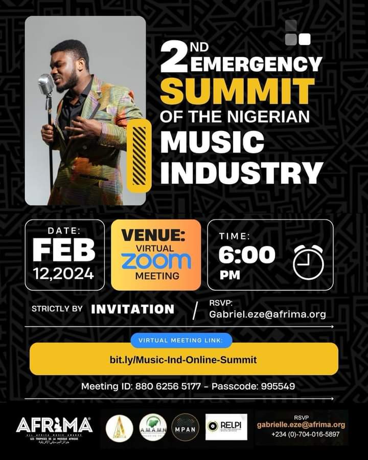 AFRIMA, PMAN, MPAN, RELPI, AMAMN, Others Hold 2nd Emergency Summit on The Nigerian Music Industry, February 12