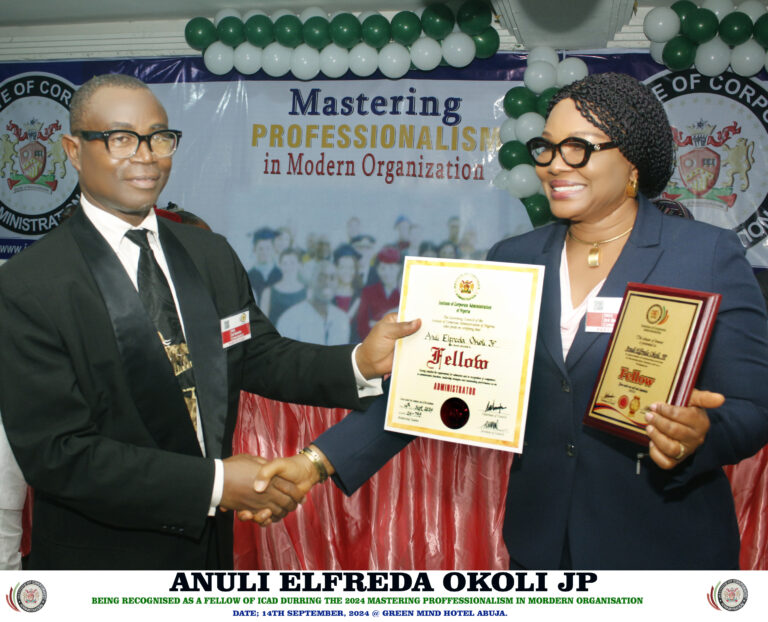 Okoli Receives Fellowship of Institute of Corporate Administration for Contributions to public service Amid Pomp